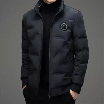 Мужская куртка-пуховик — простая и повседневная, зимняя одежда для папы среднего возраста — легкая и короткая, с воротником-стойкой, утепленная и непромокаемая. M