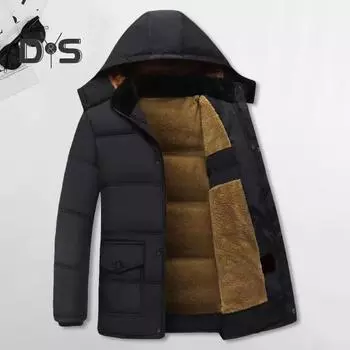 Мужская куртка-пуховик с капюшоном, длинными рукавами, застежкой-молнией и карманами, однотонная плюшевая подкладка, ветрозащитный утолщенный пуховик XL чёрный