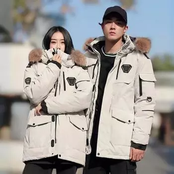 Мужская куртка-пуховик с несколькими карманами, капюшоном, отделкой из искусственного меха, длинными рукавами, ветрозащитным дизайном, уличное пальто, застежка-молния, карго-пуховик M белый