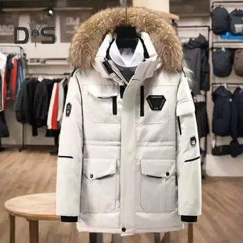 Мужская куртка-пуховик с несколькими карманами, капюшоном, отделкой из искусственного меха, длинными рукавами, ветрозащитным дизайном, уличное пальто, застежка-молния, карго-пуховик M белый