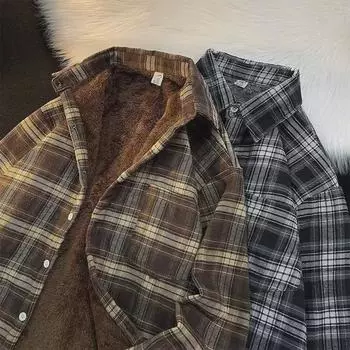 Мужская куртка-рубашка в клетку в стиле ретро, осень/зима, на бархатной подкладке, теплая, свободного кроя, с длинными рукавами. XL темно-коричневого