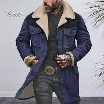 Мужская куртка с большим плюшевым лацканом, длинным рукавом, винтажная замшевая куртка с карманами, застегивающаяся на молнию, мотоциклетное пальто средней длины S серый