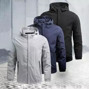 Мужская куртка с капюшоном, длинным рукавом, однотонная куртка, пальто с карманами, застежка-молния, ветрозащитная, водонепроницаемая, для бега, спортзала, верхняя одежда M чёрный