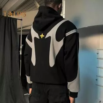 Мужская куртка с капюшоном и длинным рукавом, застежка-молния, цветное пальто в стиле пэчворк с карманами, осенне-зимнее ветрозащитное спортивное пальто L серый