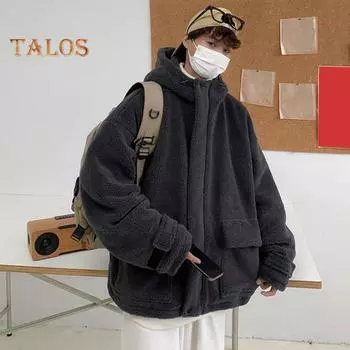 Мужская куртка с капюшоном и длинными рукавами, большие карманы, пальто из искусственной овечьей шерсти, осень-зима, свободная верхняя одежда M темно-серого