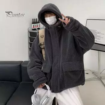 Мужская куртка с капюшоном и длинными рукавами, большие карманы, пальто из искусственной овечьей шерсти, осень-зима, свободная верхняя одежда 2XL темно-серого