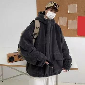 Мужская куртка с капюшоном и длинными рукавами, большие карманы, пальто из искусственной овечьей шерсти M темно-серого