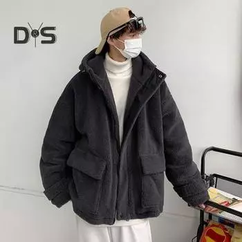 Мужская куртка с капюшоном и длинными рукавами, большие карманы, пальто из искусственной овечьей шерсти, осень-зима, свободная верхняя одежда 2XL темно-серого