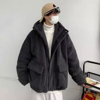 Мужская куртка с капюшоном и длинными рукавами, большие карманы, пальто из искусственной овечьей шерсти, осень-зима, свободная верхняя одежда M темно-серого