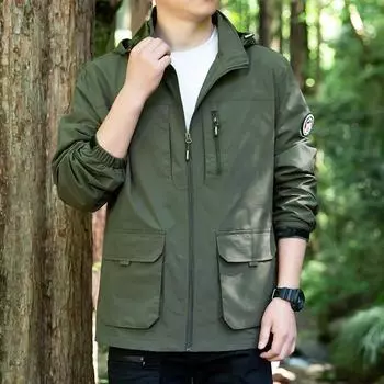 Мужская куртка с капюшоном и несколькими карманами для активного отдыха на весну и осень, ветрозащитная и водонепроницаемая, свободная повседневная спортивная куртка большого размера M хаки