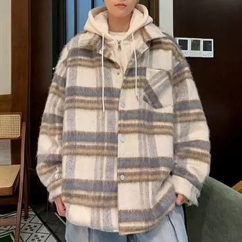 Мужская куртка с капюшоном, имитация двух частей, клетчатый узор, застежка-молния на пуговицы, пальто в уличном стиле, свободный крой, верхняя одежда M светло-серый