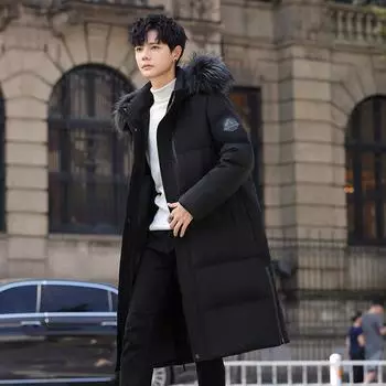 Мужская куртка с капюшоном на гусином пуху, длинная выше колена, утолщенная, теплая, с воротником из лисьего меха, молодежная куртка-пуховик M чёрный