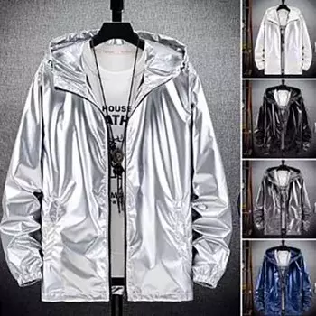 Мужская куртка с капюшоном на молнии, однотонная, ярко-черная, серебристого цвета, толстовки, водонепроницаемая, весна-осень, эластичная манжета, пальто в уличном стиле 7XL