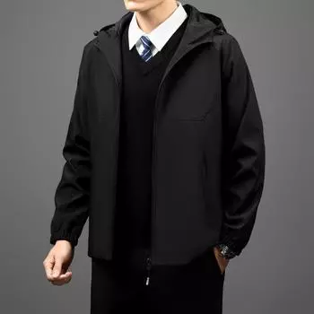 Мужская куртка с капюшоном на весну и осень, модная универсальная деловая повседневная мужская куртка M чёрный
