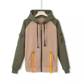 Мужская куртка с капюшоном Осень Зима Толстовка на молнии Многокарманная Флисовая подкладка Куртка-свитшот для повседневной носки Улица Работа XL зелёный