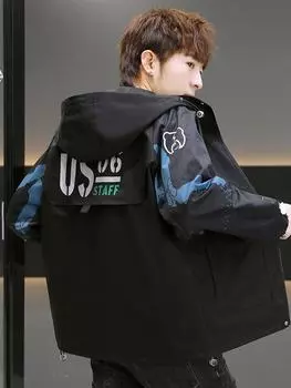 Мужская куртка с капюшоном, осенне-зимняя новая куртка с длинными рукавами, свободная верхняя одежда, модная куртка, плотное плюшевое мужское пальто M чёрный