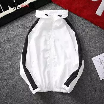 Мужская куртка с капюшоном, тонкие солнцезащитные топы, повседневная куртка контрастного цвета с длинными рукавами M белый