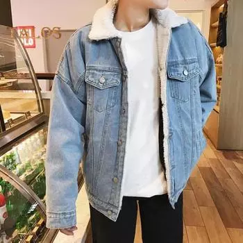 Мужская куртка с лацканами, длинный рукав, джинсовая ткань, пальто с карманами с клапанами, утолщенная бархатная подкладка, теплая застежка на пуговицы, джинсовая верхняя одежда XXL синий