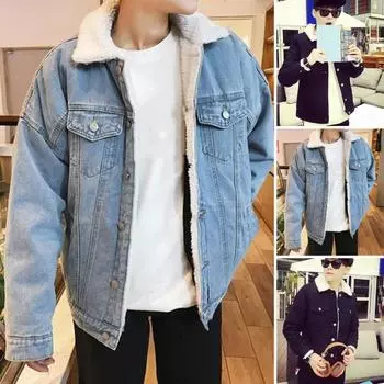 Мужская куртка с лацканами, длинный рукав, джинсовая ткань, пальто с карманами с клапанами, утолщенная бархатная подкладка XXL чёрный