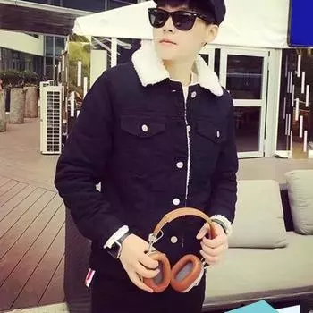 Мужская куртка с лацканами, длинный рукав, джинсовая ткань, пальто с карманами с клапанами, утолщенная бархатная подкладка, теплая застежка на пуговицы, джинсовая верхняя одежда XXL чёрный