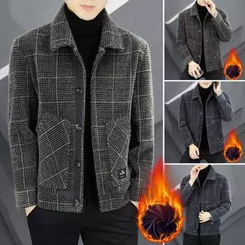 Мужская куртка с лацканами, длинный рукав, клетчатый принт, пальто с карманами, однобортная застежка, утолщенная верхняя одежда L хаки