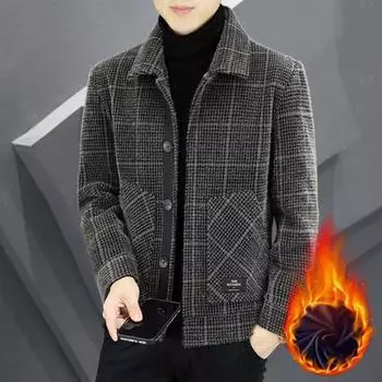 Мужская куртка с лацканами, длинный рукав, клетчатый принт, пальто с карманами, однобортная застежка, утолщенная верхняя одежда 2XL серый