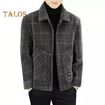 Мужская куртка с лацканами, длинный рукав, клетчатый принт, пальто с карманами, однобортная застежка, утолщенная верхняя одежда L хаки