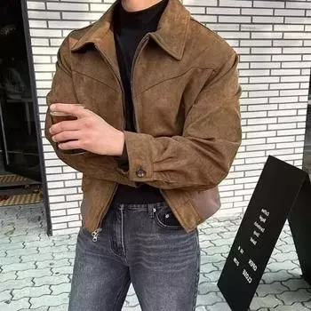 Мужская куртка с лацканами, длинный рукав, на молнии, дизайн, куртка, пальто с карманами, однотонный цвет M коричневый