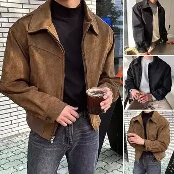 Мужская куртка с лацканами, длинный рукав, на молнии, дизайн, куртка, пальто с карманами, однотонное короткое пальто, уличный офис, повседневная одежда M коричневый