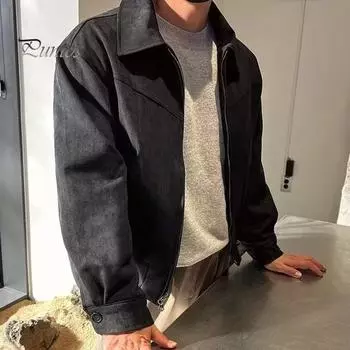 Мужская куртка с лацканами, длинный рукав, на молнии, дизайн, куртка, пальто с карманами, однотонное короткое пальто, уличный офис, повседневная одежда M чёрный