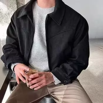 Мужская куртка с лацканами, длинный рукав, на молнии, дизайн, куртка, пальто с карманами, однотонное короткое пальто, уличный офис, повседневная одежда M чёрный