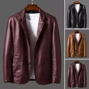 Мужская куртка с лацканами, длинный рукав, однобортное пальто из искусственной кожи с карманами, свободный покрой M хаки