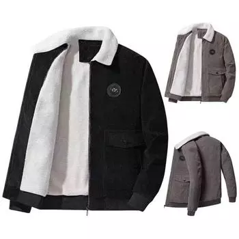 Мужская куртка с лацканами, длинный рукав, плюшевая подкладка, пальто с карманами с клапанами, застежка-молния по всей длине, однотонная утолщенная теплая вельветовая верхняя одежда M чёрный