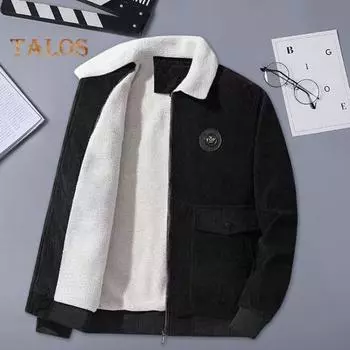 Мужская куртка с лацканами, длинный рукав, плюшевая подкладка, пальто с карманами с клапанами, застежка-молния по всей длине, однотонная утолщенная теплая вельветовая верхняя одежда M серый