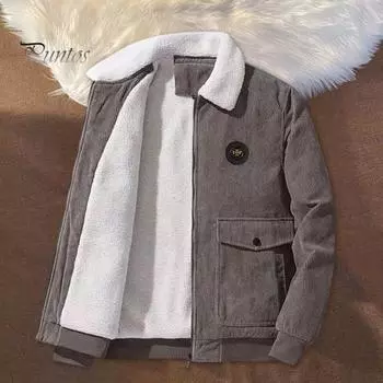 Мужская куртка с лацканами, длинный рукав, плюшевая подкладка, пальто с карманами с клапанами, застежка-молния по всей длине, однотонная утолщенная теплая вельветовая верхняя одежда M чёрный