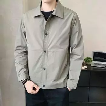 Мужская куртка с лацканами, длинный рукав, застежка на пуговицы, куртка, пальто с боковыми карманами M серый/зелёный