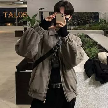 Мужская куртка с лацканами, длинный рукав, застежка-молния, куртка, пальто с карманами, однотонная, свободная посадка, повседневная верхняя одежда M серый