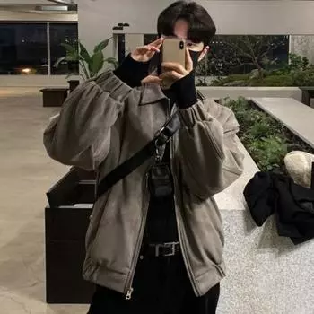 Мужская куртка с лацканами, длинный рукав, застежка-молния, куртка, пальто с карманами, однотонный цвет M чёрный