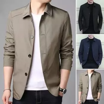 Мужская куртка с лацканами, длинный рукав, застежка-молния, куртка, пальто с карманами, однотонная M темно-синий