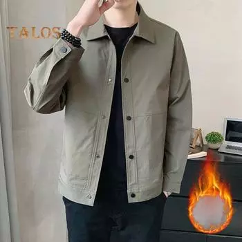 Мужская куртка с лацканами, длинным рукавом, бархатной подкладкой, застежкой на пуговицы, куртка, пальто с карманами, осень-зима, однотонная верхняя одежда M синий