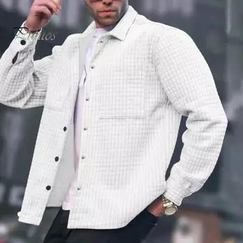 Мужская куртка с лацканами, длинным рукавом, накладным карманом, куртка, пальто с накладным карманом, однотонное вафельное однобортное пальто M белый