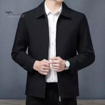 Мужская куртка с лацканами, длинным рукавом, застежкой-молнией, пальто среднего возраста с боковыми карманами, однотонная повседневная куртка, верхняя одежда L темно-синий