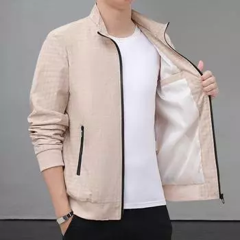 Мужская куртка с лацканами, длинным рукавом, застежкой-молнией, куртка с карманами, клетчатый принт M серый