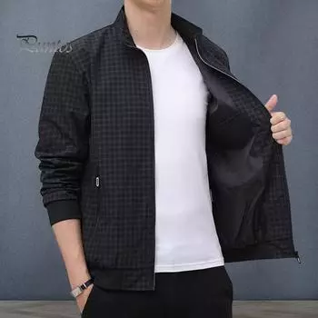 Мужская куртка с лацканами, длинным рукавом, застежкой-молнией, куртка, пальто с карманами, клетчатый принт, свободный крой, повседневная верхняя одежда M чёрный