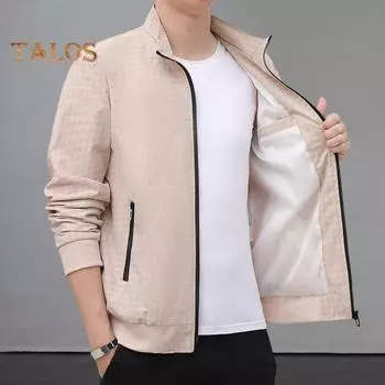 Мужская куртка с лацканами, длинным рукавом, застежкой-молнией, куртка, пальто с карманами, клетчатый принт, свободный крой, повседневная верхняя одежда M бежевый