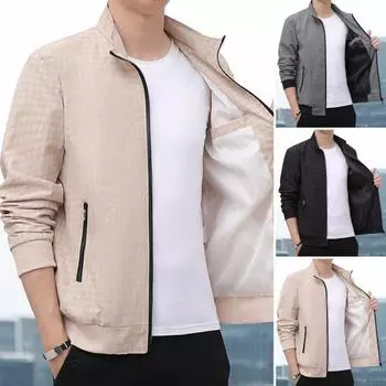 Мужская куртка с лацканами, длинным рукавом, застежкой-молнией, куртка с карманами, клетчатая рубашка M чёрный