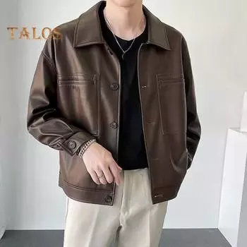 Мужская куртка с лацканами, длинными рукавами, карманами-клапанами, однобортная куртка, пальто, однотонная, свободная, водонепроницаемая, теплая, из искусственной кожи M коричневый