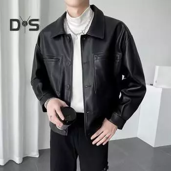 Мужская куртка с лацканами, длинными рукавами, карманами-клапанами, однобортная куртка, пальто, однотонная, свободная, водонепроницаемая, теплая, из искусственной кожи M коричневый