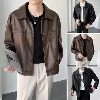 Мужская куртка с лацканами, длинными рукавами, карманами-клапанами, однобортная куртка, пальто, однотонная, свободная, водонепроницаемая, теплая, из искусственной кожи M коричневый