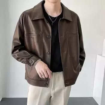 Мужская куртка с лацканами, длинными рукавами, карманами с клапанами, однобортная куртка, пальто, однотонный цвет, свободный M коричневый